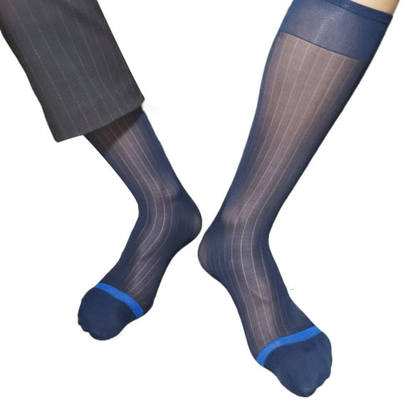 Mens Nylon Sheer Suit Sock Business Dress Socks High Elastic Striped See Through Thin Formal Dress Tube Stockings