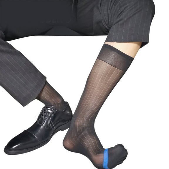 Mens Nylon Sheer Suit Sock Business Dress Socks High Elastic Striped See Through Thin Formal Dress Tube Stockings