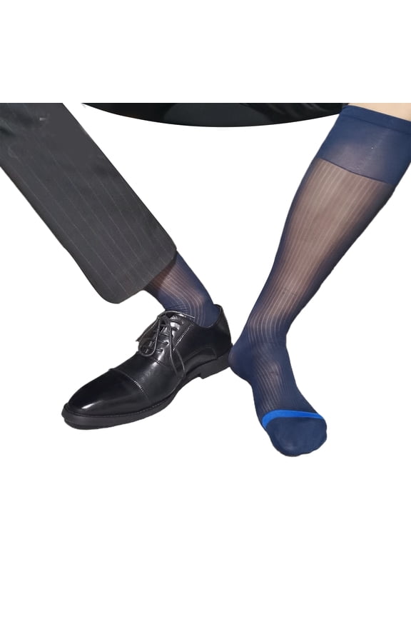 Mens Nylon Sheer Suit Sock Business Dress Socks High Elastic Striped See Through Thin Formal Dress Tube Stockings