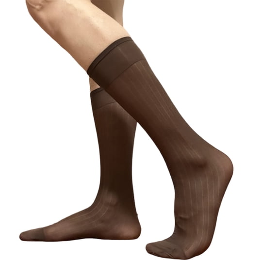 Mens Nylon Sheer Suit Socks Business Dress Socks Elastic Wide Stripe See Through Formal Dress Over the Calf Stockings