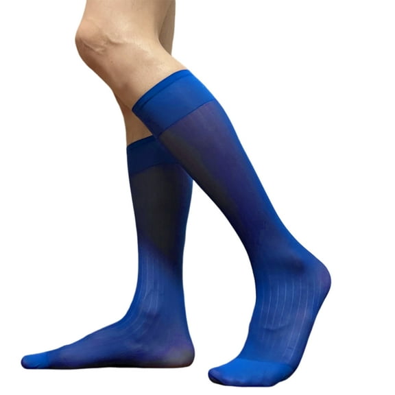 Mens Nylon Sheer Suit Socks Business Dress Socks Elastic Wide Stripe See Through Formal Dress Over the Calf Stockings