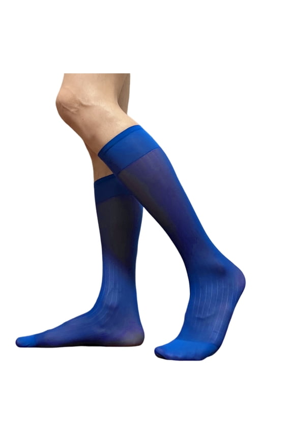 Mens Nylon Sheer Suit Socks Business Dress Socks Elastic Wide Stripe See Through Formal Dress Over the Calf Stockings