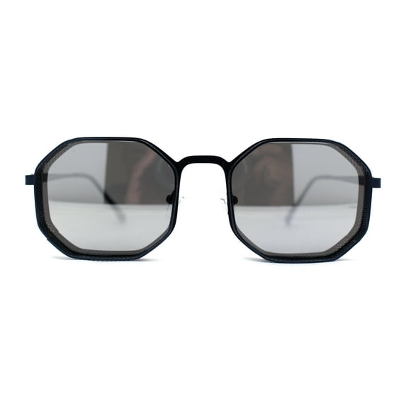 Mens Octagonal Dimensional Metal Rim Rectangle Steam Punk Sunglasses Navy Silver Mirror