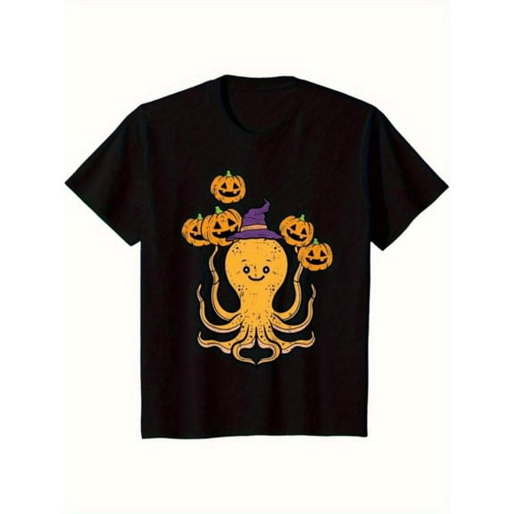 Mens Octopus Pumpkin Graphic Tee Humor T Shirt Tops Breathable Short Sleeve Round Neck Black S-5XL