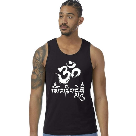 Mens Om Mani Padme Hum 100% Cotton Yoga Tank Top Shirt, Small Black