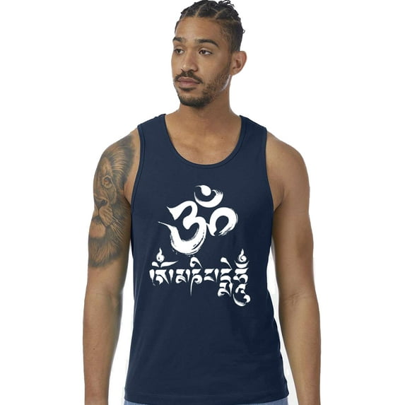 Mens Om Mani Padme Hum 100% Cotton Yoga Tank Top Shirt, Small Midnight Navy