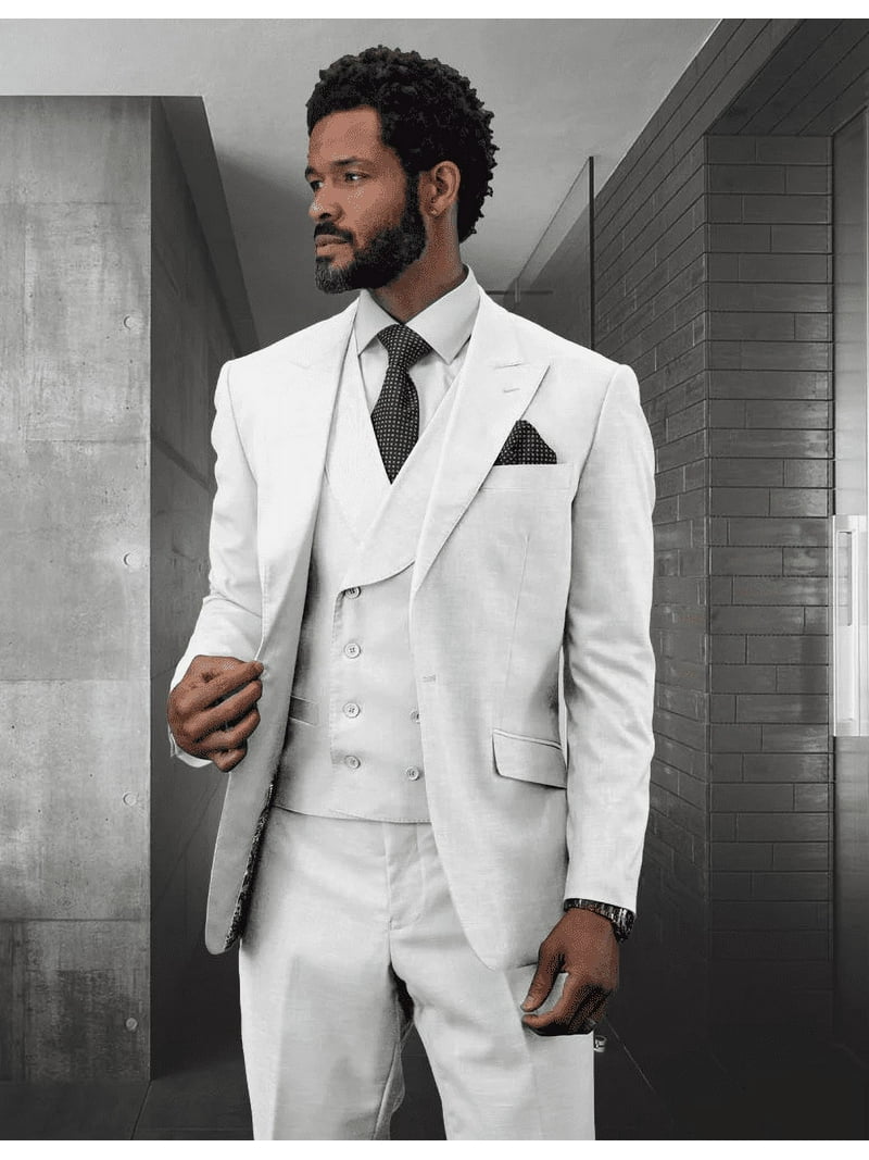 Mens One Button Peak Lapel Vested Wedding Suit with White buttons