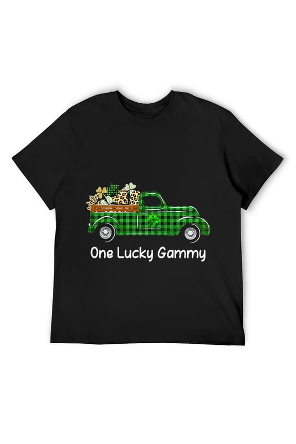 Mens One Lucky Gammy Green Plaid Truck Shamrocks St Patrick's Day T-Shirt Black