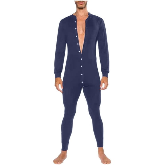 Mens Onesie,One Piece Long Sleeve Onesie Henley Jumpsuit Stretchy Cotton Sleepsuit Button Down Solid Color Slim Fit Nightwear Underwear Pajamas Bodysuit UK Size 10-16