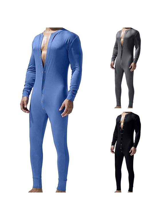 Mens Onesie Pajamas Button Front Long Pjs Union Suits Round Neck Jumpsuit Slim Fitted Solid Base Layer Bodysuits
