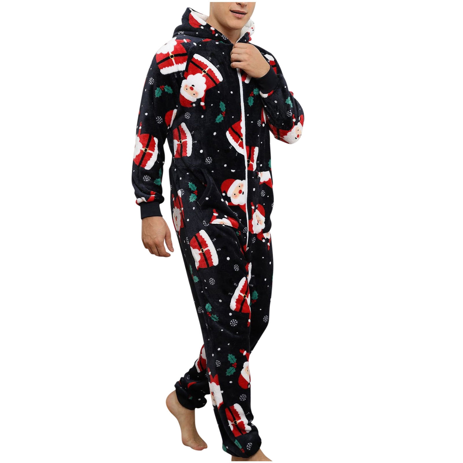 Mens Onesie Pajamas Long Sleeve Flannel Christmas Elk Printed Jumpsuit