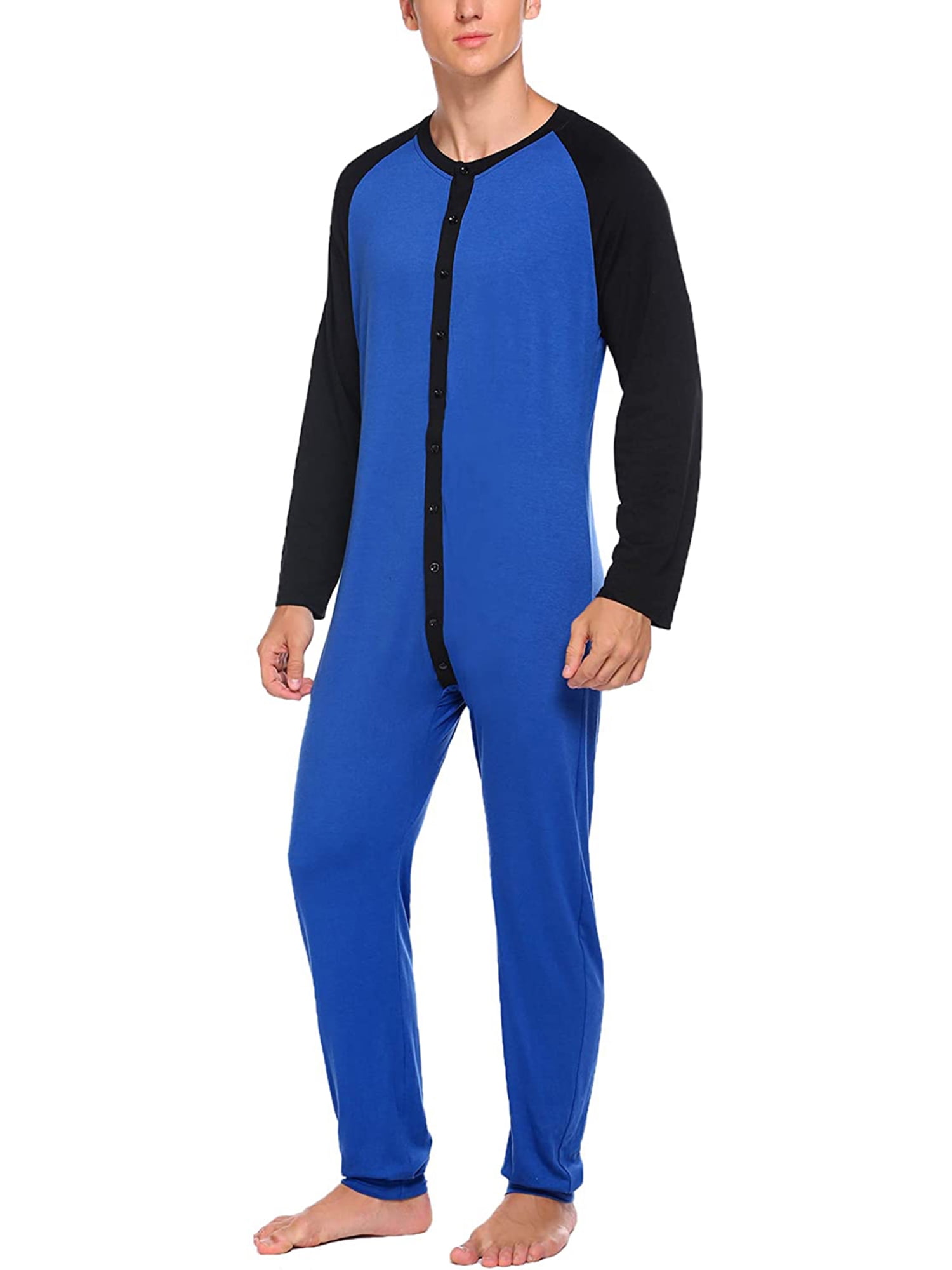 Mens Onesie Pajamas with Butt Flap Sleepwear Round Neck Ultra Soft Thermal Union Suit Novelty Nightdress Homewear