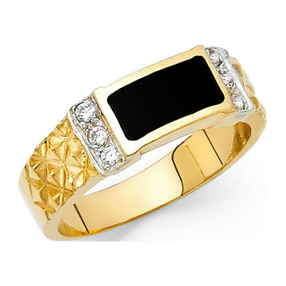 Mens Onyx Band Solid 14k Yellow Gold Ring Black Diamond Cut CZ Square Design Polished Fancy, Size 10