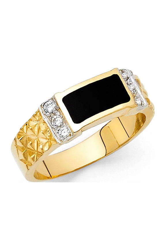 Mens Onyx Band Solid 14k Yellow Gold Ring Black Diamond Cut CZ Square Design Polished Fancy, Size 11