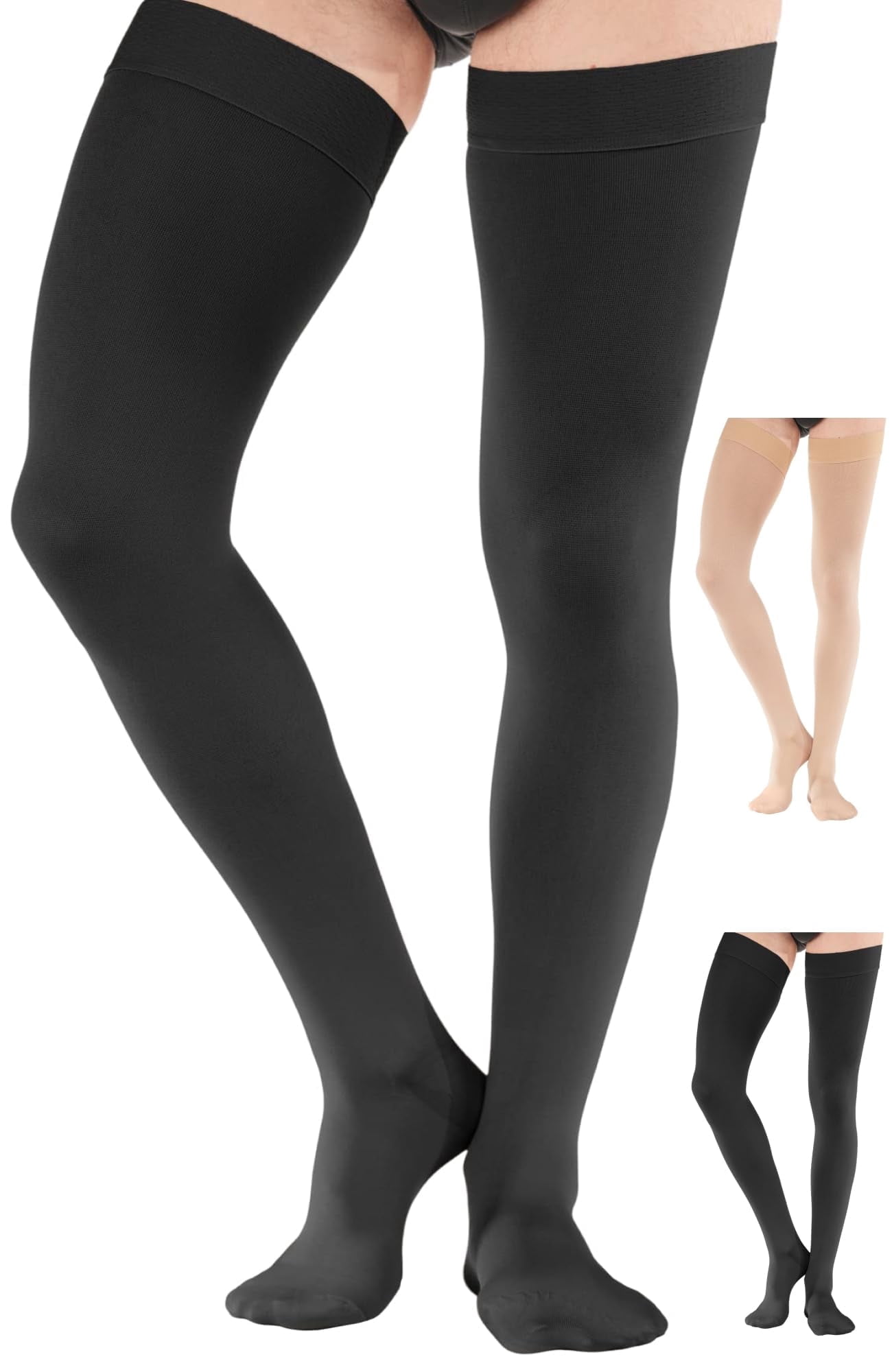 Men Opaque Compression Thigh High for Circulation 20-30mmHg Black, X-Large