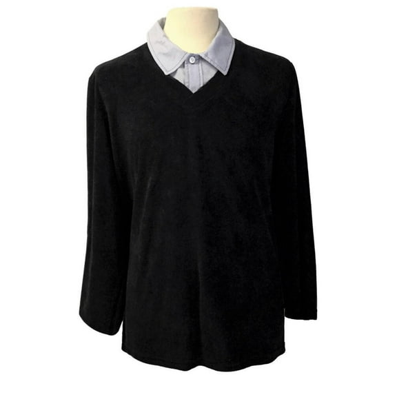 Mens Open-Back  V-Neck Ribbed Velour Fooler Top with Mock Shirt Collar- Navy