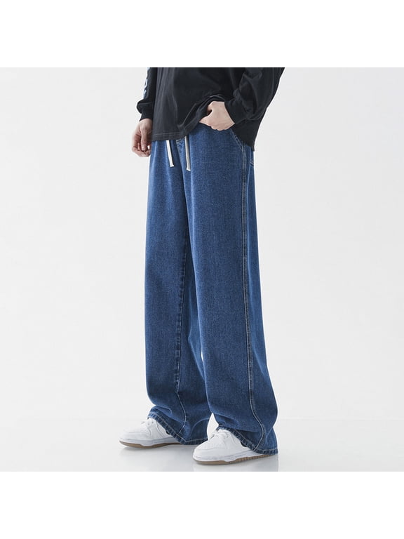 Mens Open Bottom Baggy Jeans Elastic Waist Denim Pants with Drawstring Streetwear, Y2K, 90s Look, Wide Leg, Chill Trendy Retro Style Easy Dark Blue 2XL