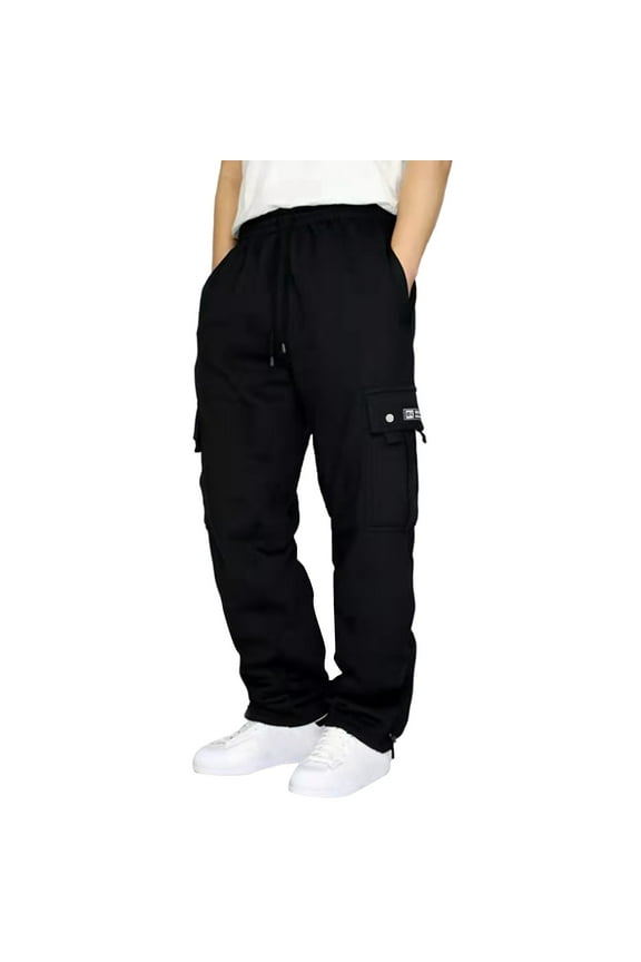 Mens Open Bottom Cargo Sweatpants - Baggy Cotton Straight Leg Drawstring Waist with Pockets Gym & Lounge Sweatpants for Daily Black XL