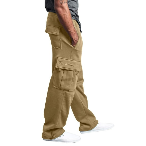 Mens Open Bottom Cargo Sweatpants - Baggy Cotton Straight Leg Drawstring Waist with Pockets Gym & Lounge Sweatpants for Daily​ Khaki 2XL