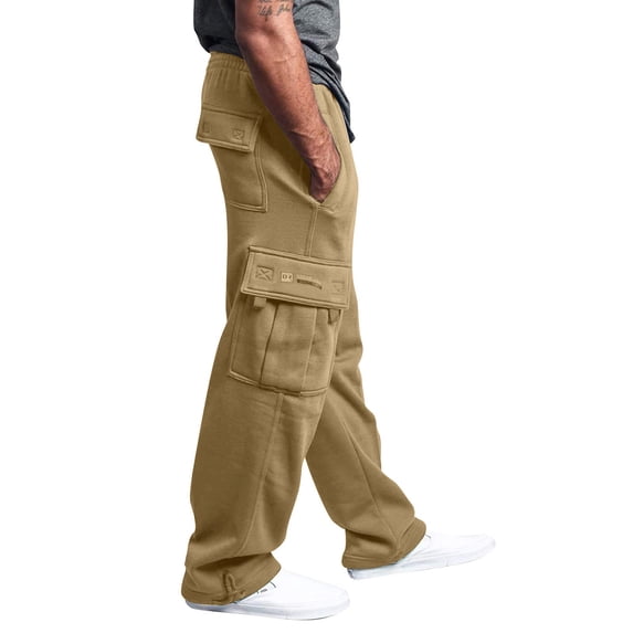 Mens Open Bottom Cargo Sweatpants - Baggy Cotton Straight Leg Drawstring Waist with Pockets Gym & Lounge Sweatpants for Daily Khaki L
