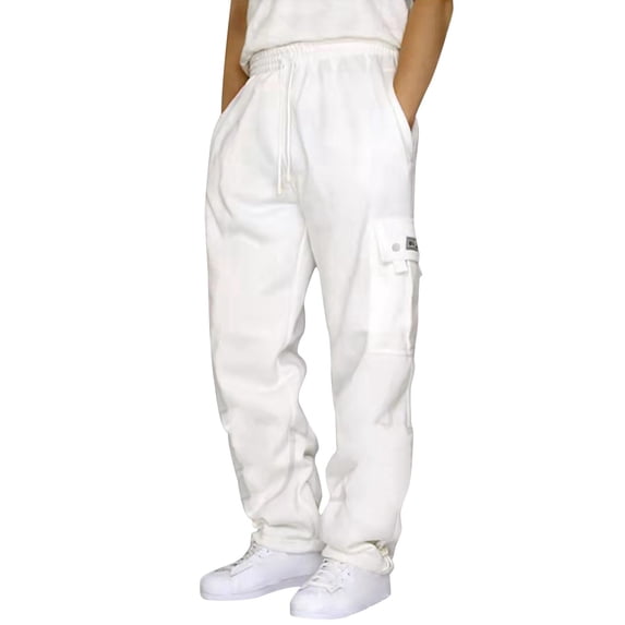Mens Open Bottom Cargo Sweatpants - Baggy Cotton Straight Leg Drawstring Waist with Pockets Gym & Lounge Sweatpants for Daily White 2XL