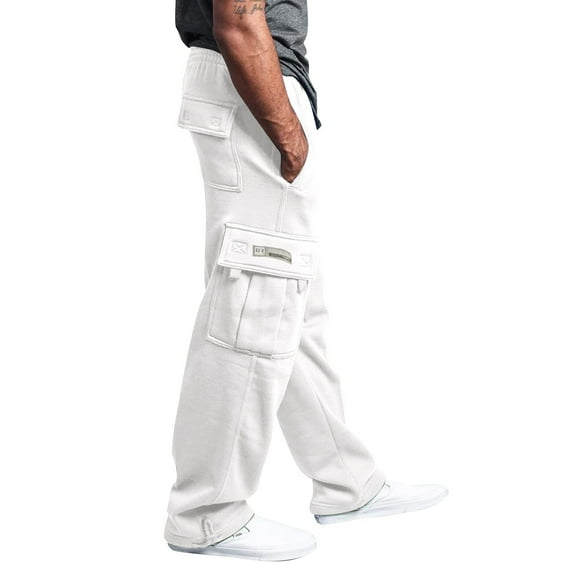 Mens Open Bottom Cargo Sweatpants - Baggy Cotton Straight Leg Drawstring Waist with Pockets Gym & Lounge Sweatpants for Daily White 4XL