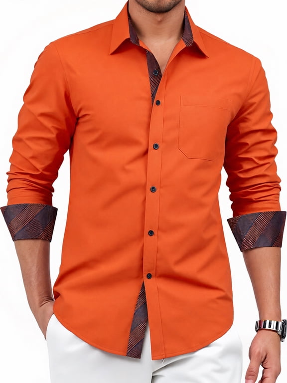 Mens Orange Button Down Shirts Casual Long Sleeve Regular Fit Shirt with Inner Contrast Wedding