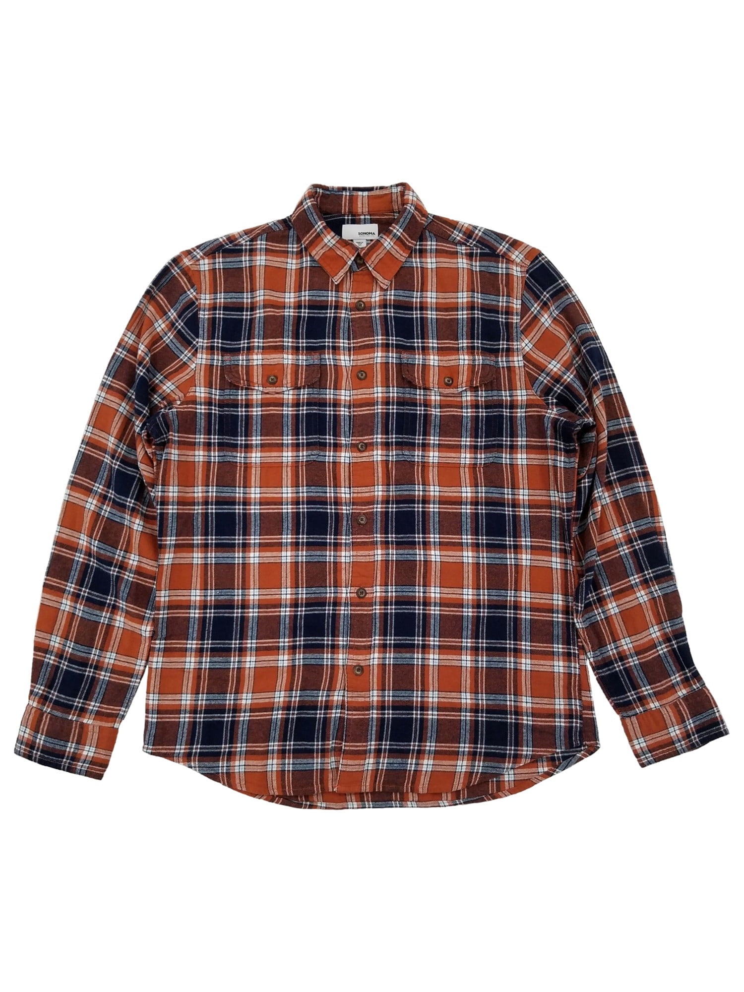 Mens Orange Plaid  Long Sleeve Button-Down Double Brushed Flannel Shirt M