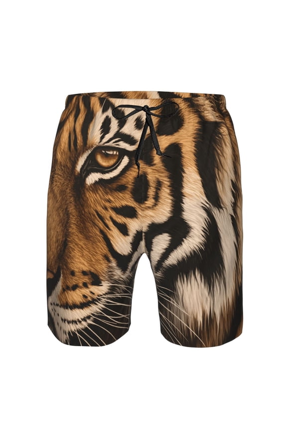 Mens Orange Tiger Stripes Animal Print Boardshort Casual Drawstring Stretch Summer Beach Shorts X-Large