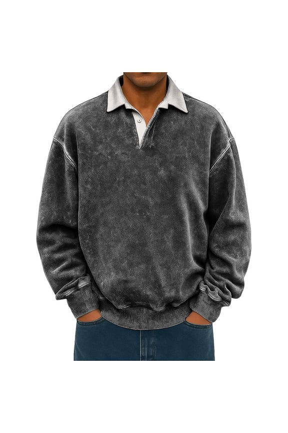 Mens Originals Fleece Polo Shirt, Garment Dyed Shirt for Men, Cotton Polo Shirt, Dark Gray L