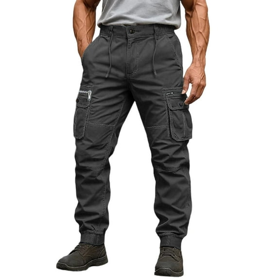 Mens Outdoor Cargo Pants Casual Ankle Tied Work Pants Tactical Tapered Sweatpants WIth Multi Pockets