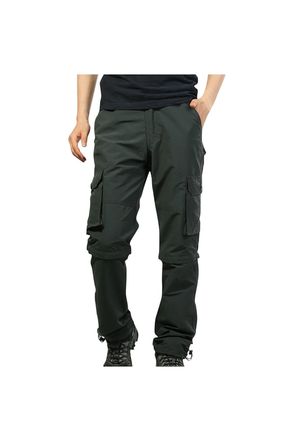 Mens Outdoor Detachable Cargo Pants Buckle Closure Multi Pocket Hiking Trousers Drawstring Cuffs Straight Comfy Ankle Pants