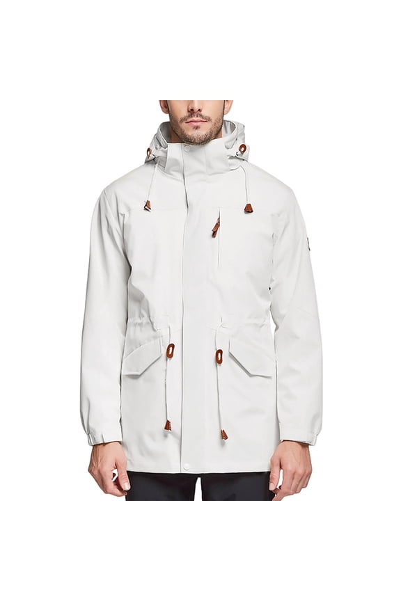 Mens Outdoor For Men 3 In 1 Hooded Drawstring Full Zip Button Detachable Fleece Lined Thermal Windbreaker With Pockets (L, White)