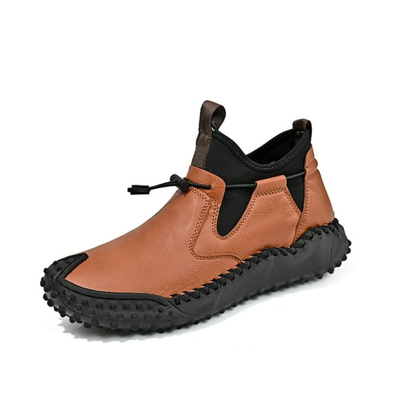 Mens Outdoor Hiking Boots Leather Casual Boots Lightweight Comfortable Bare Boots Slip Resistant Driving Boots Yellow 9.5 US