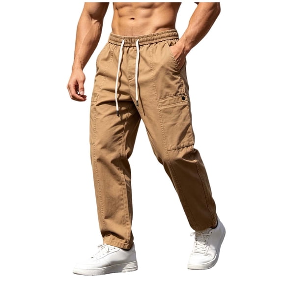 Mens Outdoor Hiking Cargo Pants Multi-Pockets Elastic Waist Drawstring Fishing Climbing Trousers Dad Gifts