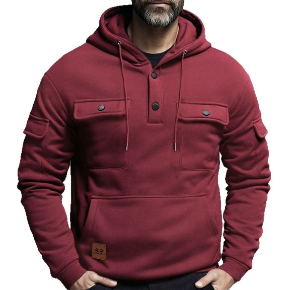 Mens Outdoor Hoodies - Fall Winter Warm Cargo Sweatshirt Hooded - Quarter Button Pullover Hoodie Work Clothes with Multi-pockets Wine L