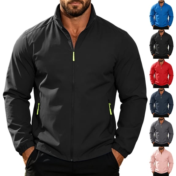 Mens Outdoor Jacket Stand Collar Lightweight Sports Jacket Full Zip Windproof Waterproof Outdoor Hiking Coat with Pockets for Daily Travel Running Workout S