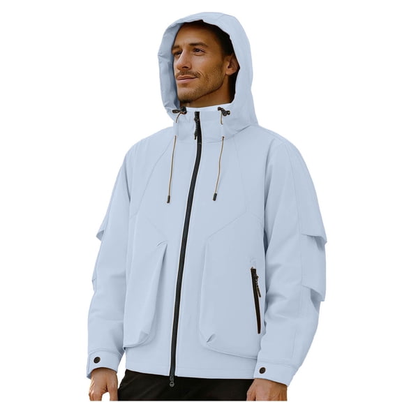 Mens Outdoor Jackets Waterproof Full Zipper Hooded Drawstring Outwear With Zip Pockets Spring Fall Trendy Coat (M, Light Blue)