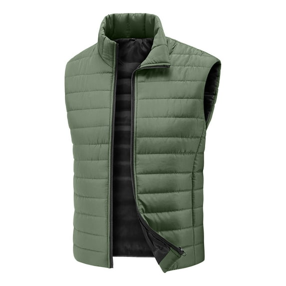 Mens Outdoor Quilted Vests Padded Puffy Sleeveless Jackets Zip up Stand Collar Gilet Warm Outwear Green M