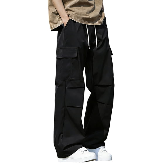 Mens Outdoor Sports Cargo Pants Multi-Pockets Elastic Waist Solid Color Trousers Hiking Camping Activewear Fathers Gift