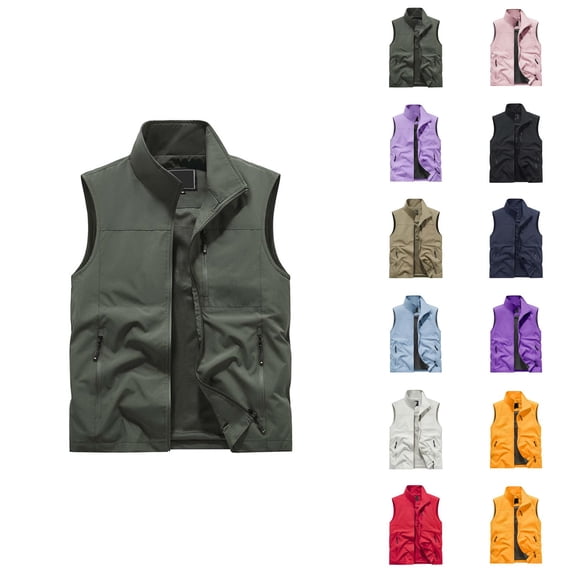 Mens Outdoor Vest Lightweight Sleeveless Stand Collar Zip Up Work Jacket with Pockets for Travel Hiking Running