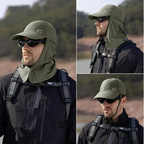 Mens Outdoor Wide Brim Fishing Hat,UPF 50+ Breathable Wide Brim Bucket Hats Summer UV Protection Safari Hat with Neck Flap -Army Green