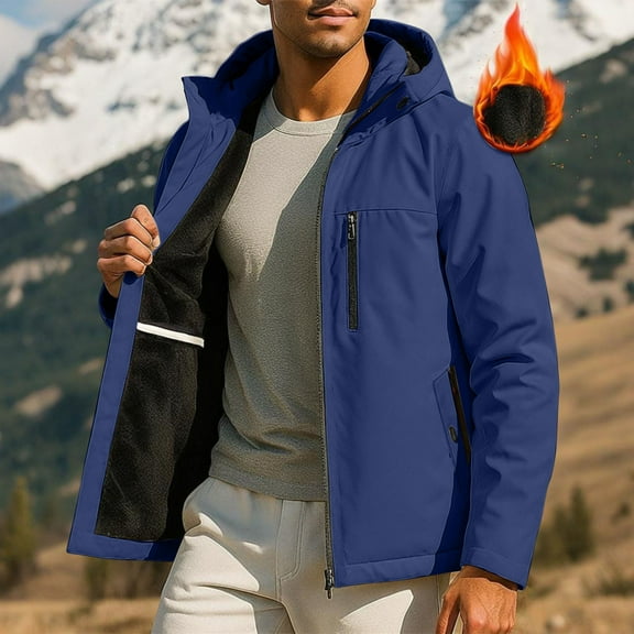 Mens Outdoor Winter Jacket with Hood Waterproof Windbreaker Rain Coat Zip Pockets for Hiking Travel Work Blue XL