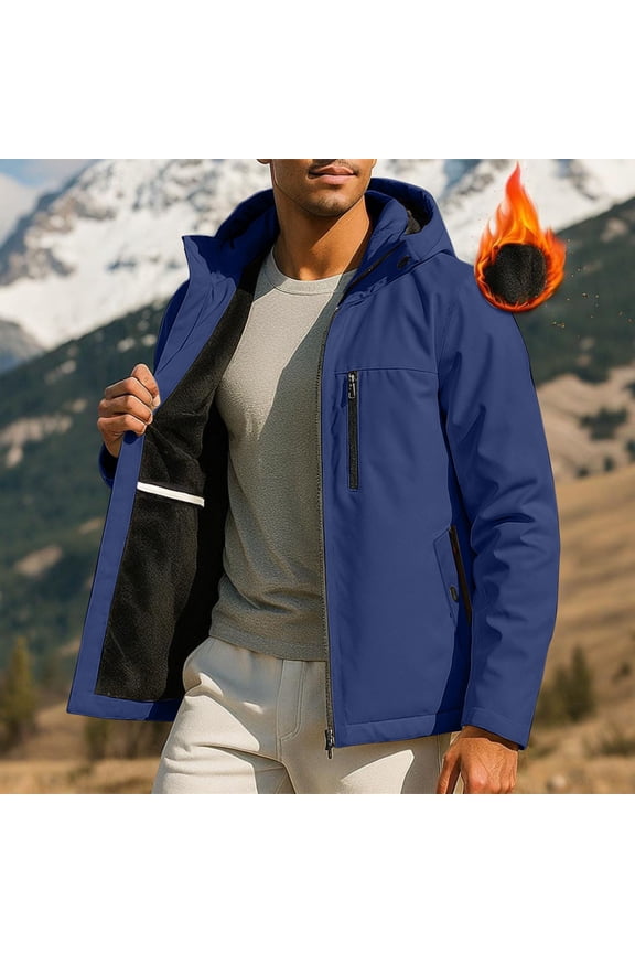 Mens Outdoor Winter Jacket with Hood Waterproof Windbreaker Rain Coat Zip Pockets for Hiking Travel Work Blue XL