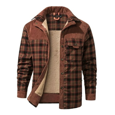 Mens Outerwear Jackets Collar Plaid Button Cardigan With Fleece Casual Business Mens Fall Coats,Brick Red,M