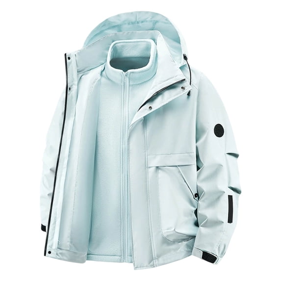 Mens Outerwear Jackets Pure Color Two Layers Drawstring Hooded With Pockets Straight Jacket,Light Blue,XS