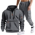 thumbnail image 1 of Mens Outfits 2 Piece Solid Half Zip Hooded Shirt and Cargo Pants Set Long Sleeve Casual Two Piece Tracksuit Matching Sets Fall Winter Clothing, 1 of 9