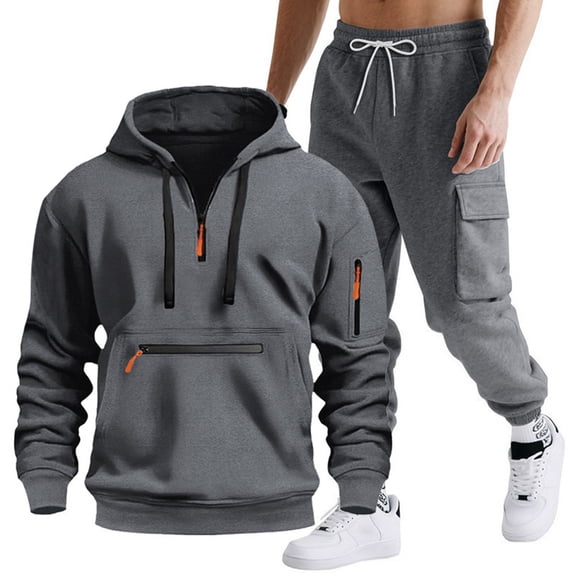 Mens Outfits 2 Piece Solid Half Zip Hooded Shirt and Cargo Pants Set Long Sleeve Casual Two Piece Tracksuit Matching Sets Fall Winter Clothing