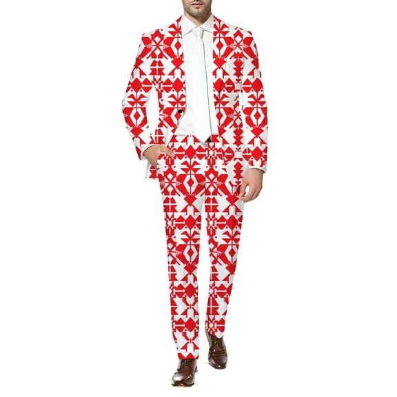 Mens Outfits Christmas Print Men's Suit Set Stylish Holiday Outfit For Parties And Celebrations Suit Men Tuxedo Pants High End Tuxedo 3 Piece My Man Wool Blend Big And Tall Suits for Men Shaw Red 3XL
