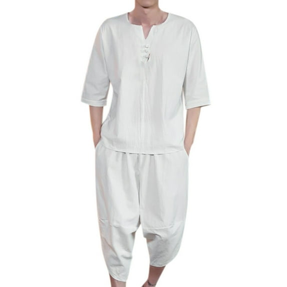 Mens Outfits Ethnic Style Short Sleeve Tops Fashion Simple Casual Cotton Linen Shorts Outwear Exercise Male Spring Summer 2pcs Clothes Set